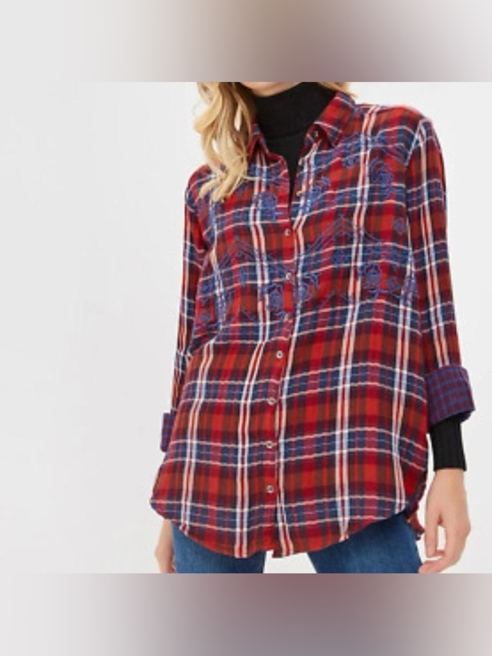 Free People Red Plaid Button-Up Long Sleeve Shirt